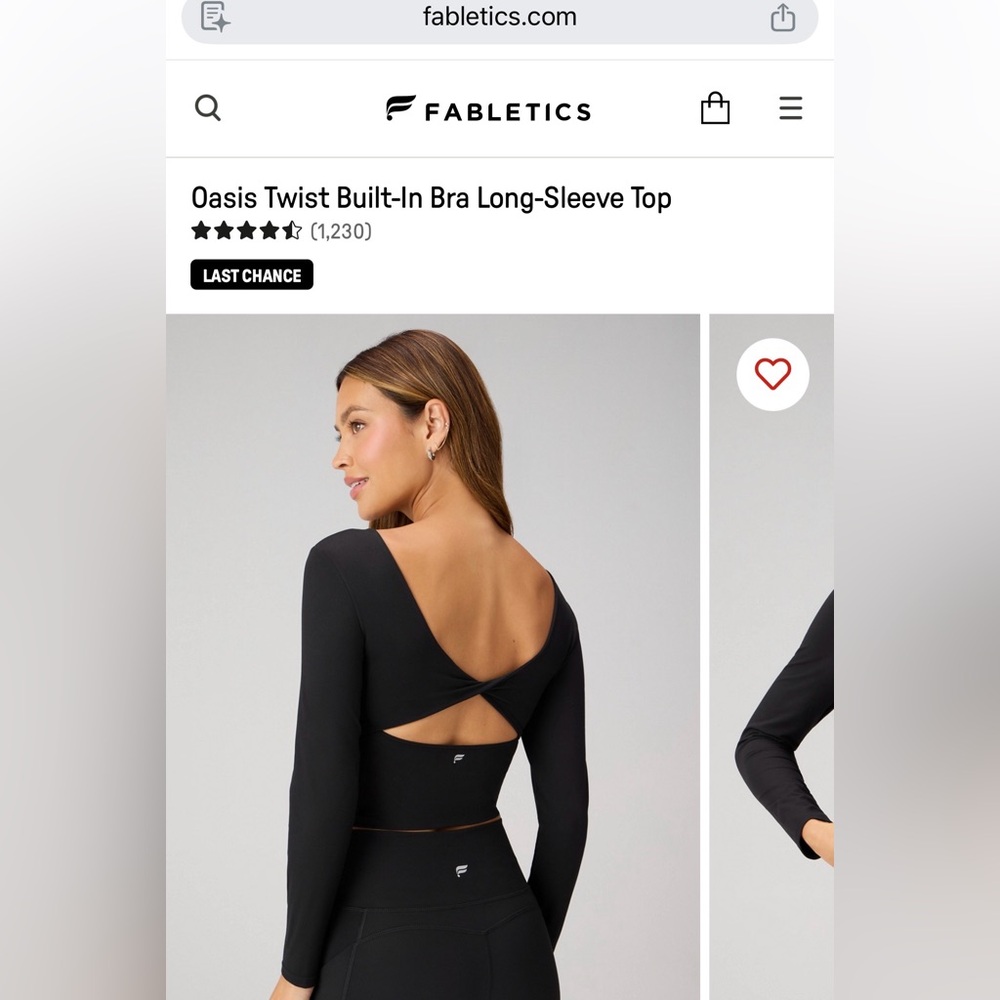 Fabletics Black Twist-Back Long-Sleeve Top with Built-In Support